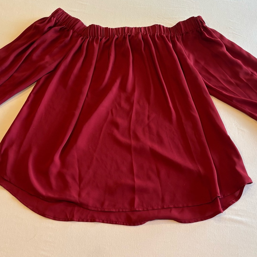 Express Burgundy Off Shoulder Blouse Women’s Large Long Sleeve Tie Cuffs
